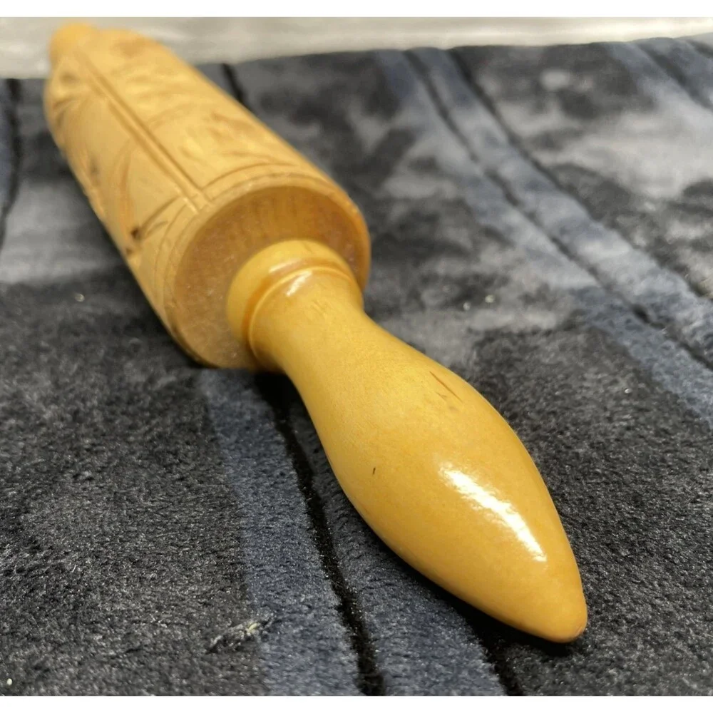 Vintage Carved Wooden Dough Rolling Pin Springerle Cookie Press 14
